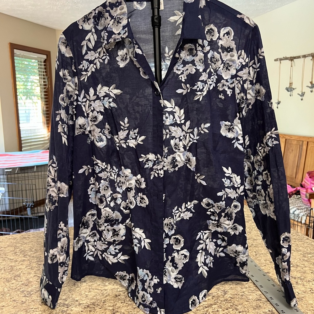 Coldwater Creek Navy Blue Floral Button-Up Shirt semi sheer blouse